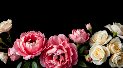 Naklejka premium loral banner, flower cover or header with vintage bouquets. Pink peonies, white roses isolated on black background