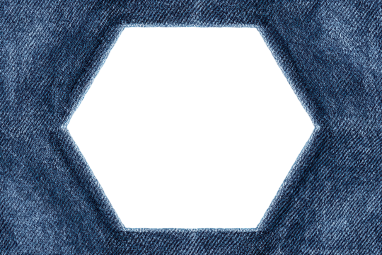 Denim Hexagon Frame: A detailed close-up of denim fabric with a stark, six-sided cutout at its center, offering a minimalist and modern aesthetic.