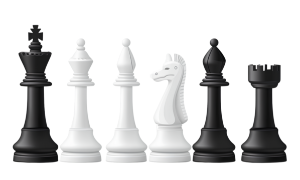 Chess pieces, white and black, on a transparent background.