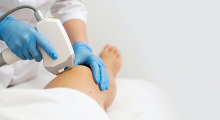 Professional laser hair removal treatment on woman leg using modern IPL device in beauty clinic. Specialist performing permanent hair reduction with advanced technology. Medical beauty and skincare