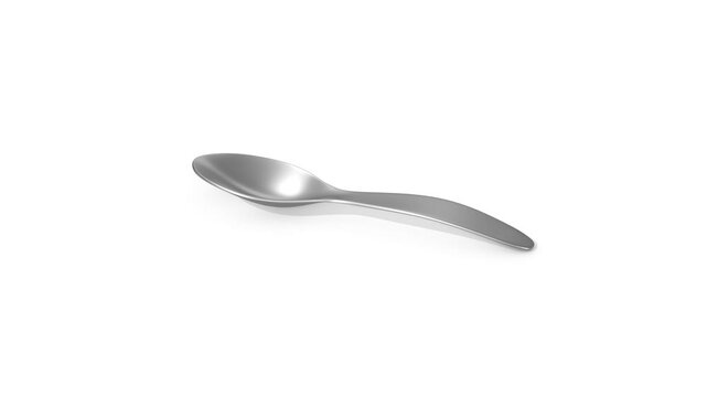 Soup Spoon on a White Floor. Stainless Steel Soup Spoon 3D Animation. 4K