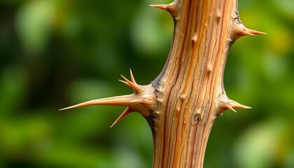 Close up of thorny branch: sharp thorns, nature photography, plant stem detail