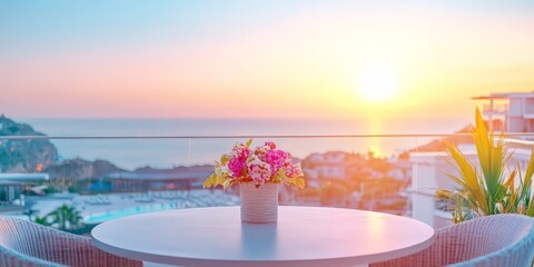 Luxury Coastal Balcony Terrace with Table Chairs Overlooking Calm Sea at Sunset for Hospitality Marketing Photography