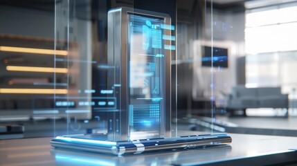 Fototapeta premium Sleek modernist loading portal with floating hologram UI, transparent OLED screens, sophisticated tech design.