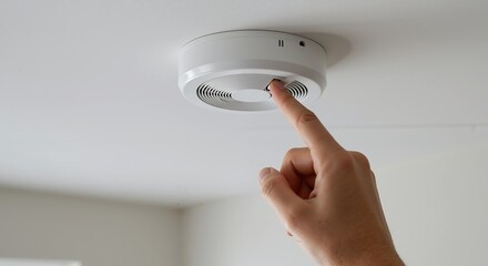 Hand finger pressing smoke detector test button ceiling white alarm device. Person touching fire safety system home security maintenance inspection concept
