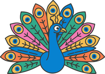 Elegant Peacock with Colorful Feathers in Vector Line Art Style