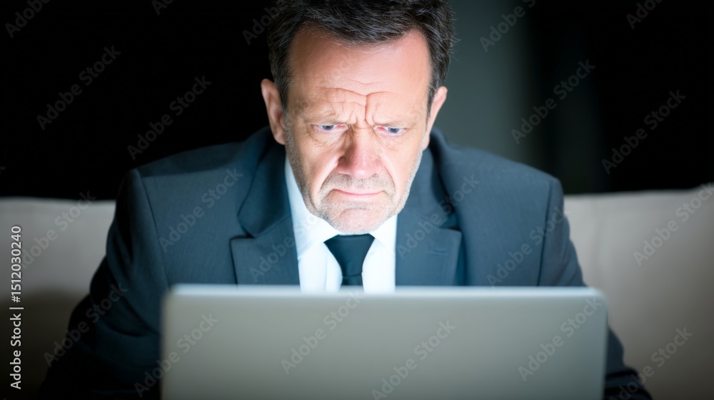 Aufkleber man in formal suit looks confused while using a laptop computer