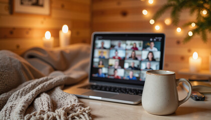 Cozy home office setup with laptop, mug, and warm decor for virtual meeting  