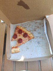 Last slice of pepperoni pizza in an empty takeaway box – relatable moment for food delivery ads, snack time memes, casual dining blogs, and pizza promotions