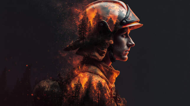 Double exposure of a firefighter and blazing forest symbolizes the fight against wildfires, climate crisis, and the courage of emergency responders facing environmental disasters.