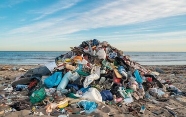 A pile of garbage on the beach, Trash on the beach, Environmental pollution
