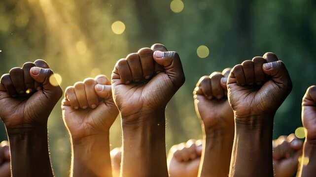 Raised fists of diverse hands against green forest background with sunlight rays and bokeh light effects in unity scene