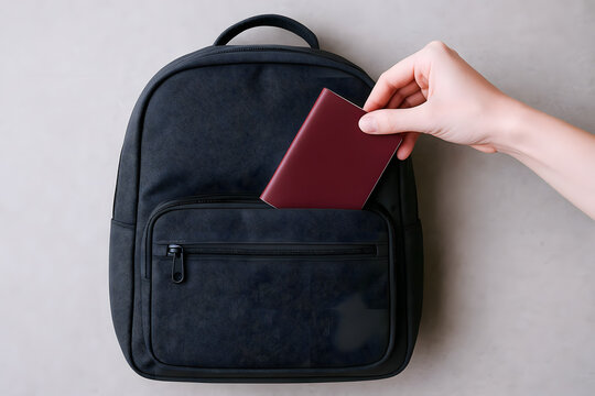 Hand Putting a Burgundy Passport into a Black Backpack