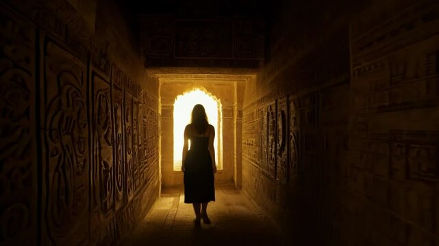 Dark silhouetted figure moves slowly through illuminated ancient stone corridor with hieroglyphic walls and dramatic golden lighting creating mysterious archaeological atmosphere in temple passage