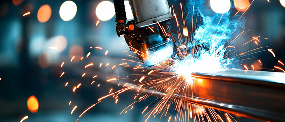 Industrial Robot Welding Metal At Night