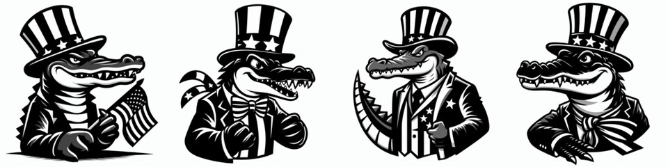 Obraz premium Crocodile. 4th of July Independence Day American Flag Patriotism Usa America Clipart Vector Illustration. Reptile predator fierce aquatic fauna wildlife hunting nature.