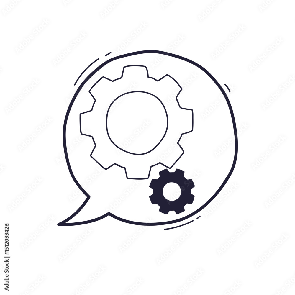 Poster speech bubble with gears symbolizes communication and problem-solving.