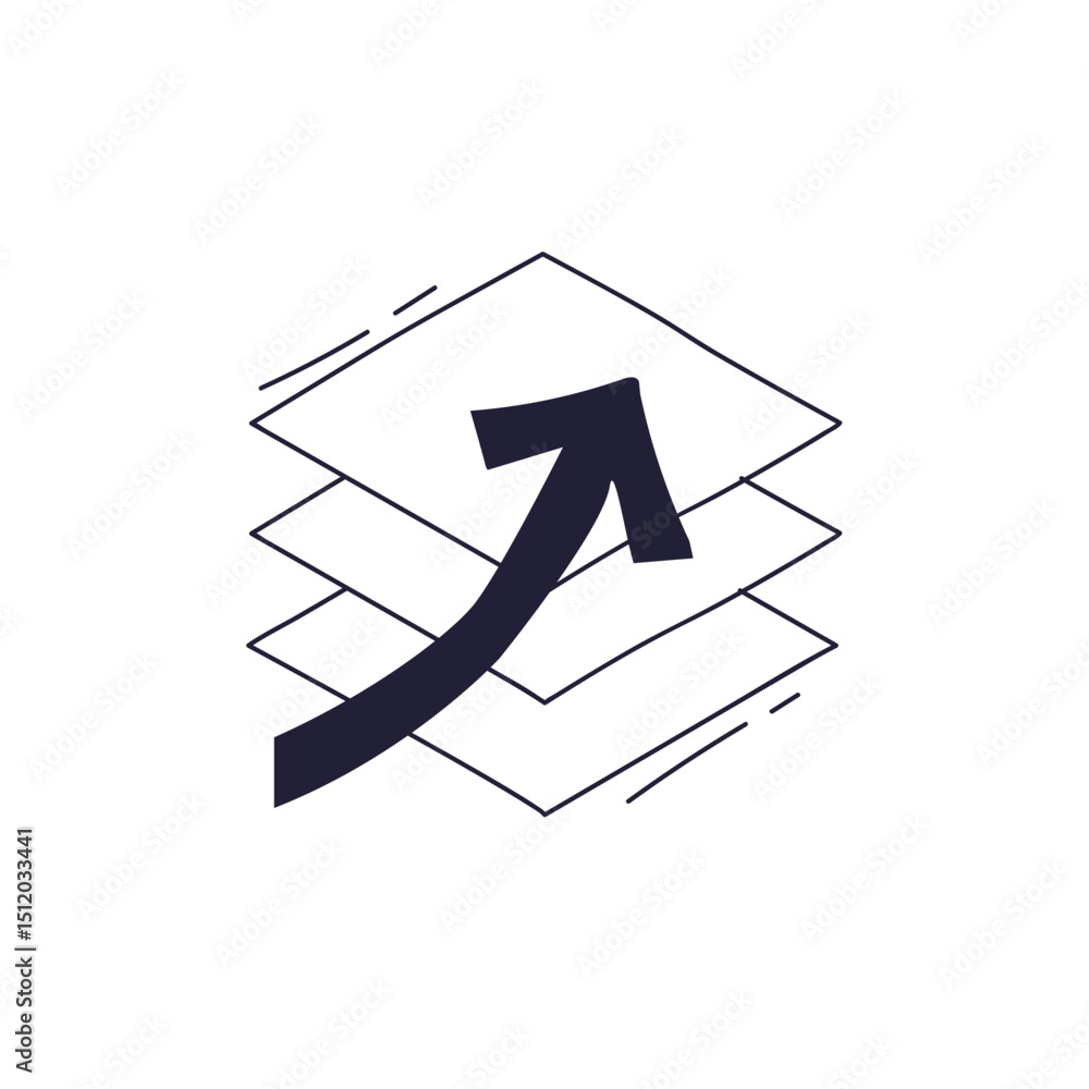 Poster stacked sheets with an upward arrow symbolize growth and progress.