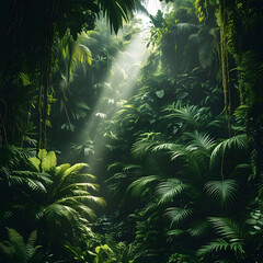 Naklejka premium Sunlit Rainforest A Glimpse into the Lush Tropical Jungle