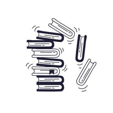 Illustration of a stack of books toppling over, symbolizing chaos or imbalance.