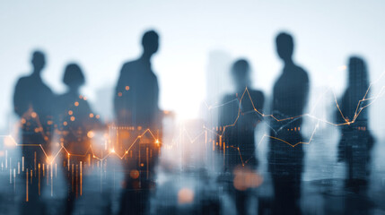 Team of professionals in silhouette with digital data charts and graphs overlaid, glowing network lines and soft light effects, concept of tech-driven collaboration