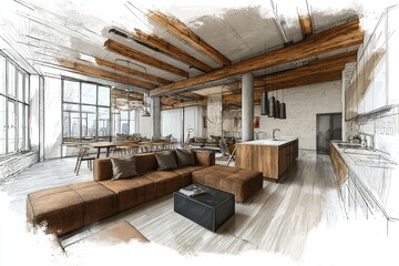 Luxury loft interior sketch drawing design with stylish but industrial and rough look. Generative Ai