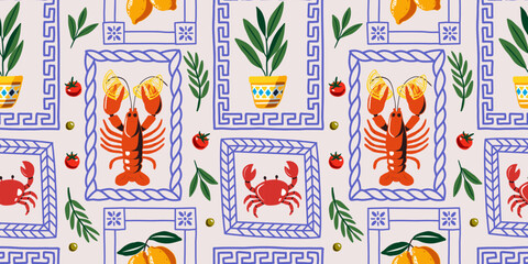 Seamless Mediterranean pattern with framed lobster, crab, lemons, olive branches, potted plants, tomatoes, Greek key borders, summer seafood theme, vector coastal repeat background