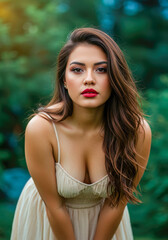 Naklejka premium Beautiful Woman in Beige Dress Outdoors Summer Fashion Portrait