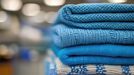 Stack of folded, light blue knitted garments displayed.