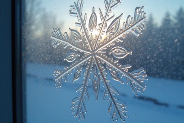 Snowflake on window with winter landscape background