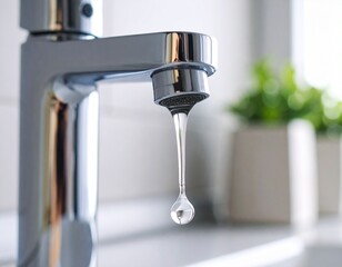 A drop of pure water dripping from the tap. Selective focus. 