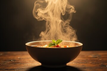 Steaming bowl of soup with basil garnish on rustic table