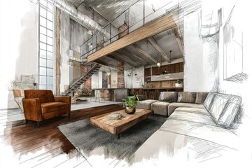 Luxury loft interior sketch drawing design with stylish but industrial and rough look. Generative Ai