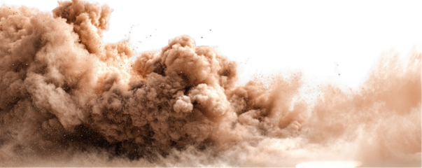 A large cloud of brown dust billows across the image