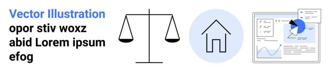 Scales symbolize justice, house represents real estate, dashboard for data analytics. Ideal for law, housing, finance, research, decision-making, statistics simple landing page