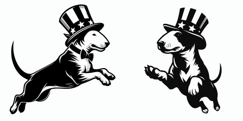Fototapeta premium Bull Terrier Dog. 4th of July Independence Day American Flag Patriotism Usa America Clipart Vector Illustration. Canine breed a stout companion athletic type bullie puppy care.