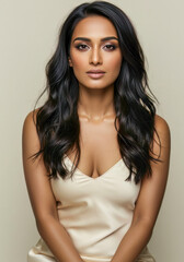 Fototapeta premium Beautiful Woman with Long Wavy Black Hair Wearing a Beige Slip Dress Studio Portrait