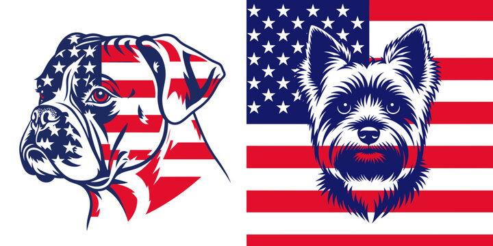 Boxer Dog Yorkshire Terrier Dog. 4th of July Independence Day American Flag Patriotism Usa America Clipart Vector Illustration. Canine companion adorable breed athletic mastiff family member.