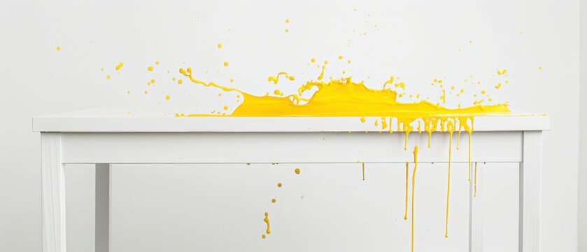 Plain white desk, bright yellow paint splash creating a messy texture on the isolated white background minimalistic composition.