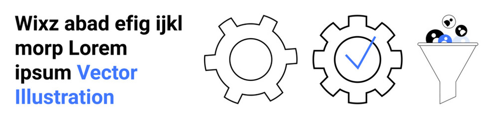 Two gear icons, one with a checkmark, and a funnel filtering items represent workflow automation, process management, and optimization. Ideal for technology, data, efficiency, productivity minimal