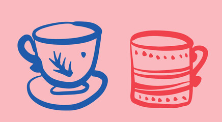 Coffee drawing, engraving, ink, line art, vector. Red blue	
