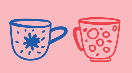 Coffee drawing, engraving, ink, line art, vector. Red blue	
