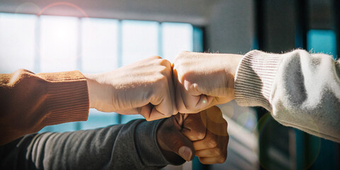 Fist bump with teamwork concept and friendship towards success and work goals