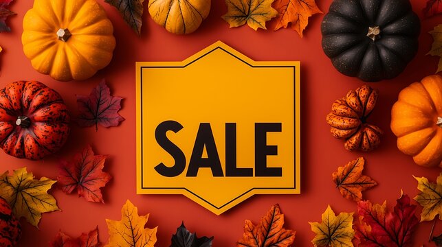 Autumn-themed sale announcement with pumpkins and colorful leaves on an orange background.