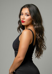 Fototapeta premium Beautiful Woman with Long Wavy Hair in Black Dress Studio Portrait