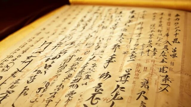 Old manuscript displays traditional Asian calligraphy characters written with black ink on weathered beige parchment paper showing historical document with cultural heritage