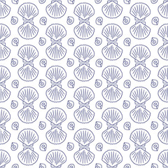 Naklejka premium Seashell La dolce vita doodles seamless pattern. Blue on white hand drawn linear vector illustration of italian style. Wall art prints decor for invitations, menus design.
