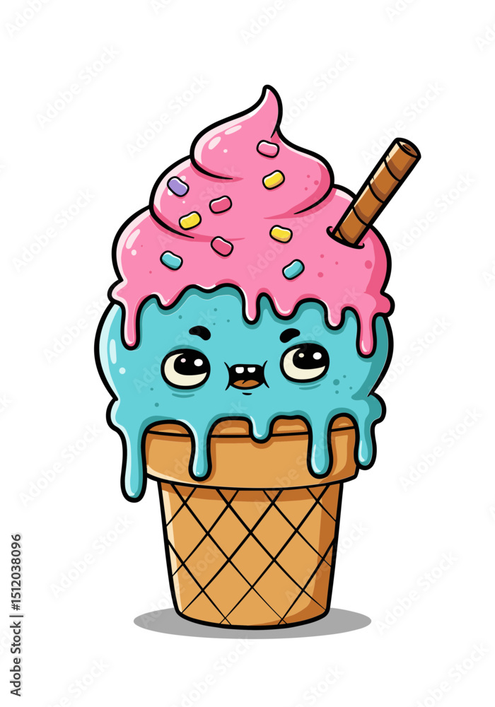 Poster vector illustration of a cute ice cream cone with a smiling face and colorful toppings