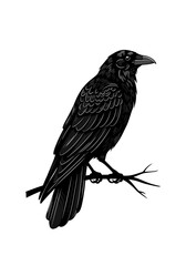 Vector illustration of a black raven standing on a branch in detailed line art style