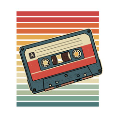 Obraz premium Vector illustration of a vintage cassette tape against a colorful striped background